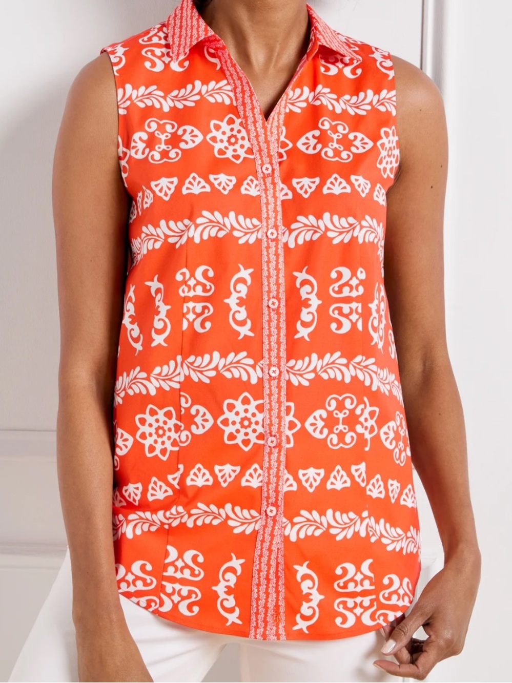 Talbots Sleeveless Non-Iron Perfect Shirt in Dainty Floral and Orange Tile 16W